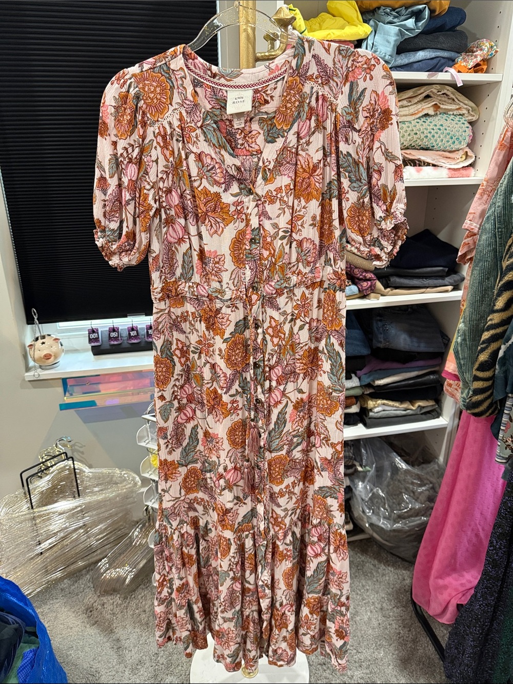 Knox Rose Multi-Color Floral Button-Front Maxi Dress XS pockets Oversized Draws - Picture 3 of 7